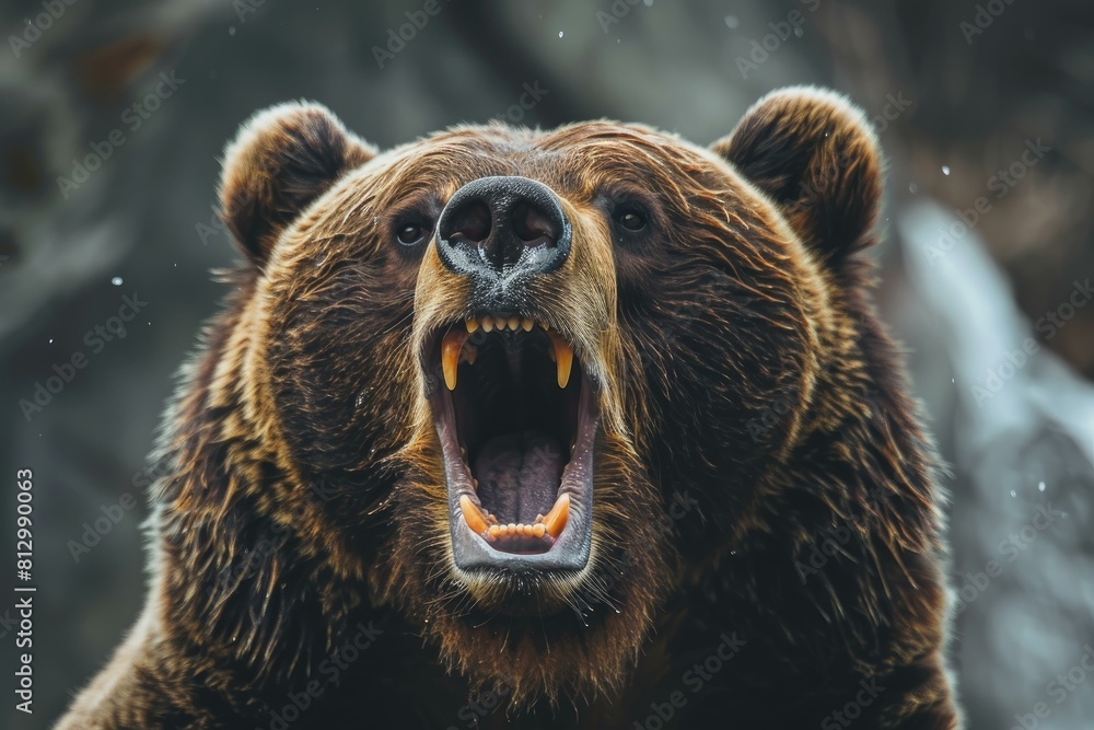 Fototapeta premium Closeup shot of a brown bear with an open mouth, showing its teeth in a natural setting