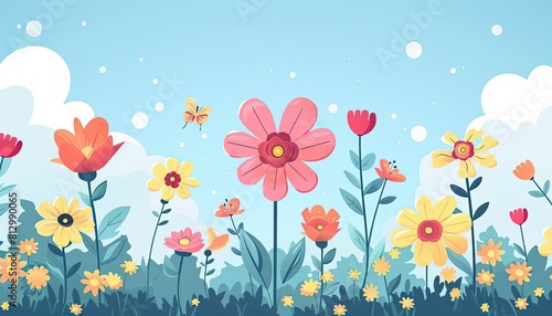 Colorful flowers of different shapes and sizes are blooming in a field on a sunny day.