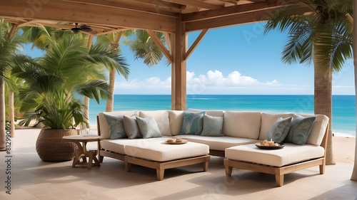 Tropical Paradise Retreat. Outdoor Lounge Area With Ocean Views and Palm Trees. Relax on the beach. Outdoor Lounge with Comfortable Seating and Ocean Views. © Kashwat
