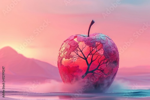 Surreal pink apple with tree branches and flowers inside.