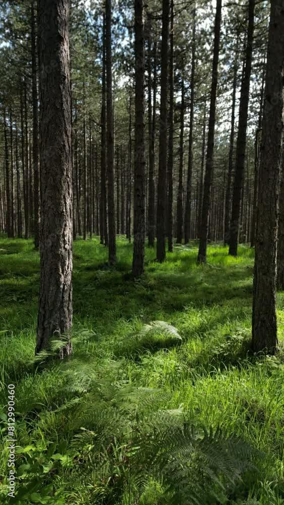 Moving in summer forest. Trees with shadows and sunshine, green wood, tracking shot. Vertical video 4k Moving in summer forest. Trees with shadows and sunshine, green wood, tracking shot. Vertical video 4k