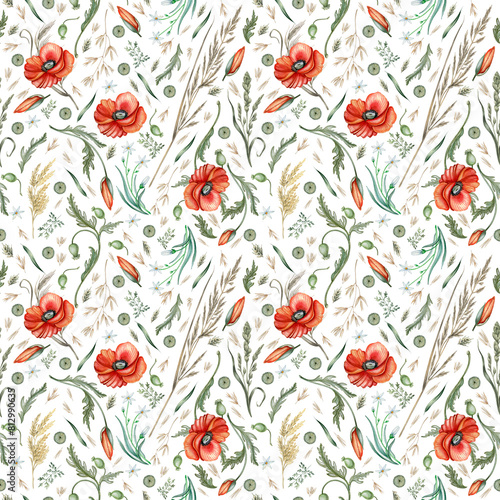 Red poppies  herbs and cereals  herbarium seamless pattern with watercolor illustrations isolated on white. Delicate floral  texture isolated on white. Botanical texture for wrapping paper  textile. 