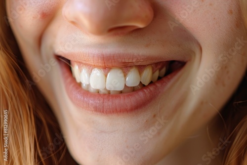 Macro shot capturing the details of a cheerful woman s smile with visible teeth and freckles