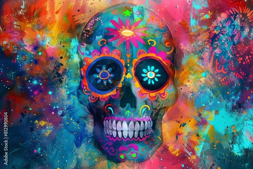 vibrant sugar skull art on colorful abstract painted background digital illustration