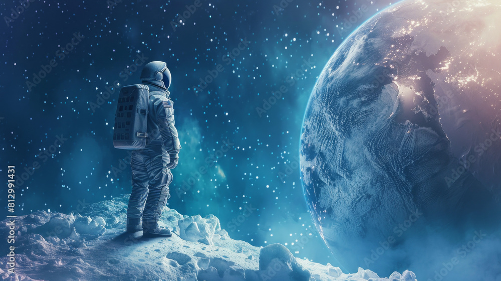 An astronaut standing on an icy planet with the vast universe in view, space background, blue sky and stars, distant planets and starry sky, wideangle perspective, cinematic composition An astronaut standing on an icy planet with the vast universe in view, space background, blue sky and stars, distant planets and starry sky, wideangle perspective, cinematic composition