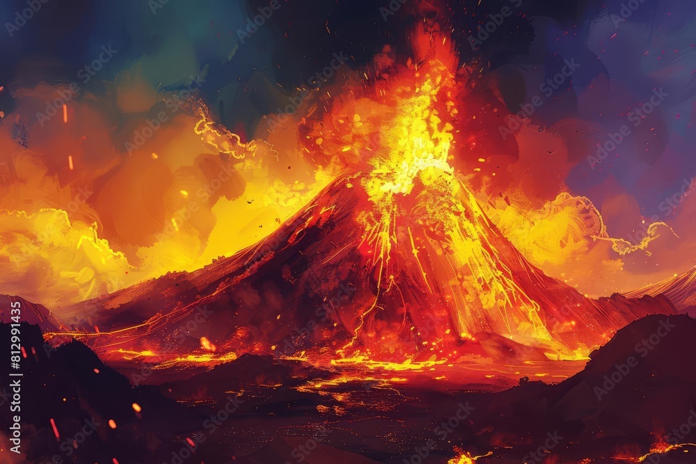 volcanic mountain erupting with fire natures raw power digital landscape painting