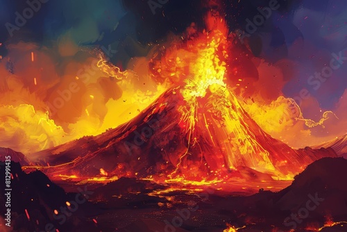 volcanic mountain erupting with fire natures raw power digital landscape painting