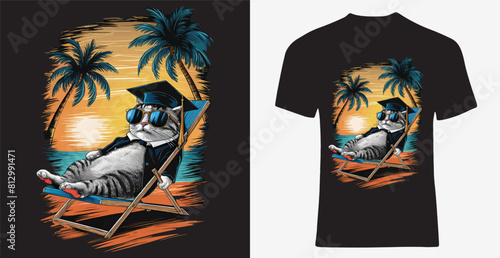 A humorous and vibrant t-shirt design featuring a casual and cool cat, donning sunglasses and a graduation cap, reclining effortlessly on a beach chair.