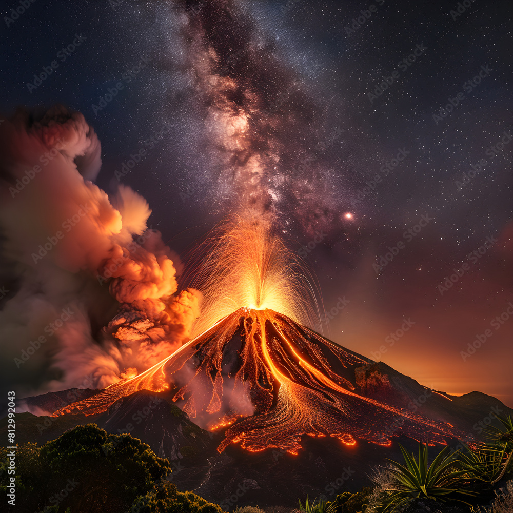 Captivating Display of Nature's Wrath: A Majestic Volcanic Eruption in the Dark of Night