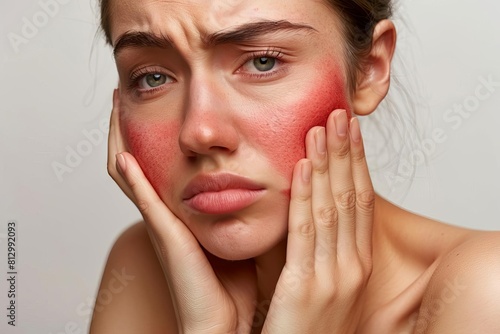 woman with painful red skin on face holding hand to cheek skin inflammation concept healthcare photo photo