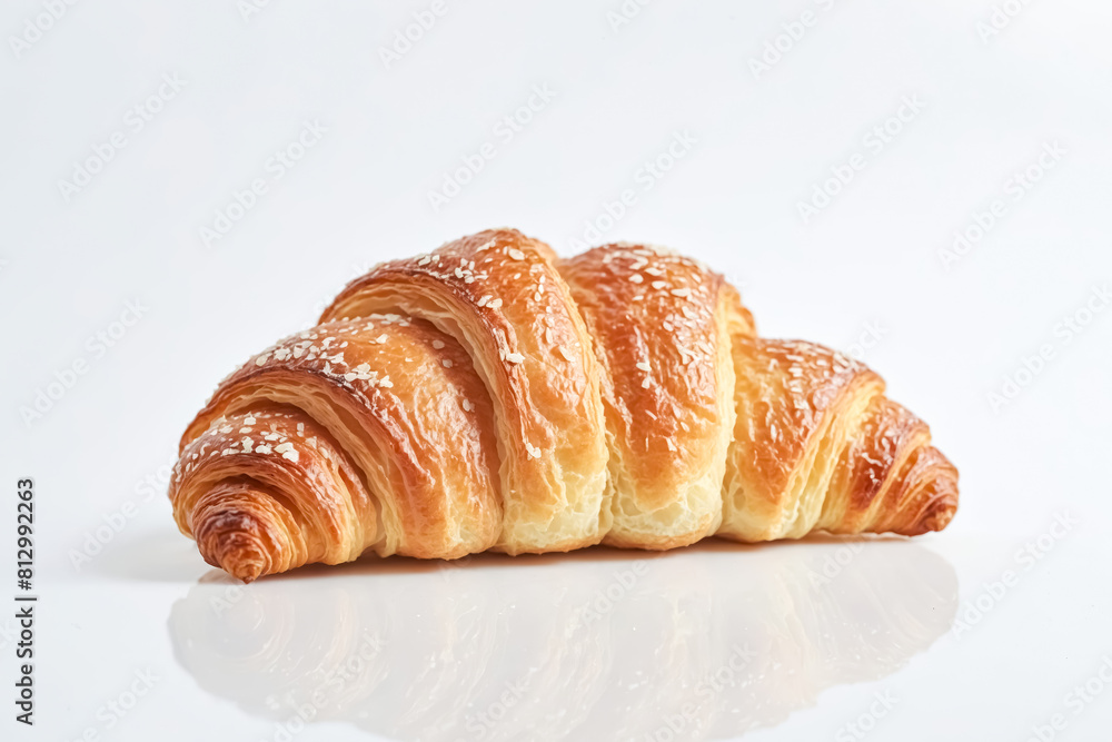 Golden Brown Croissant Sprinkled with Sugar on a White Background