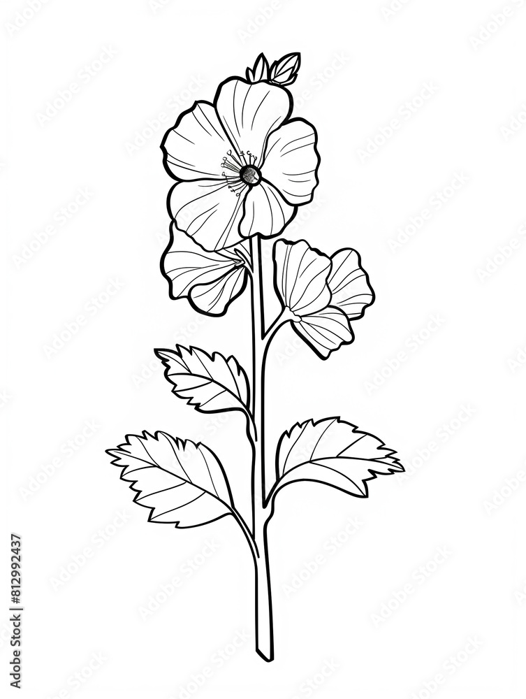 a black and white drawing of a flower with leaves