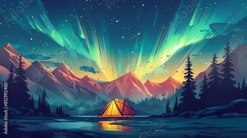 Camping Under the Aurora Capture a cozy scene with a tent lit from within and the aurora blazing overhead, emphasizing adventure and exploration © Kasitthanin