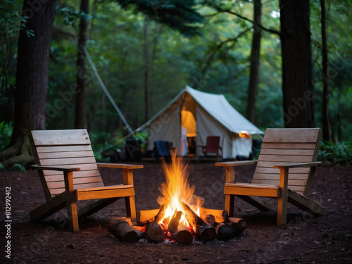 Woodland Oasis, Campfire Flickers Beside Chairs and Tent, Creating a Tranquil Retreat