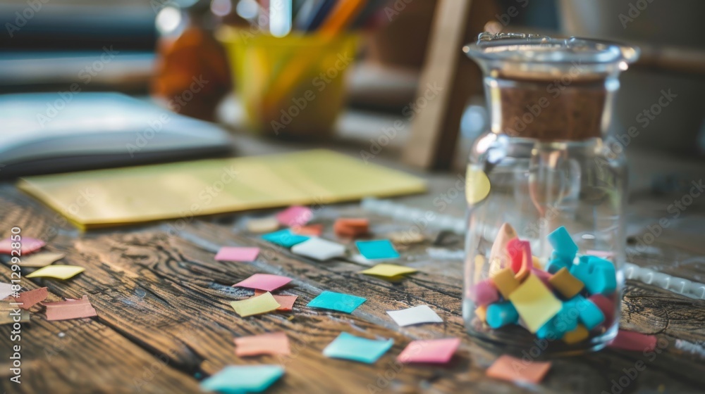 A jar of colorful blocks sits on a table with a pile of paper squares A jar of colorful blocks sits on a table with a pile of paper squares