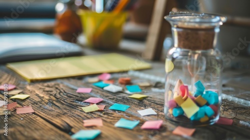 A jar of colorful blocks sits on a table with a pile of paper squares