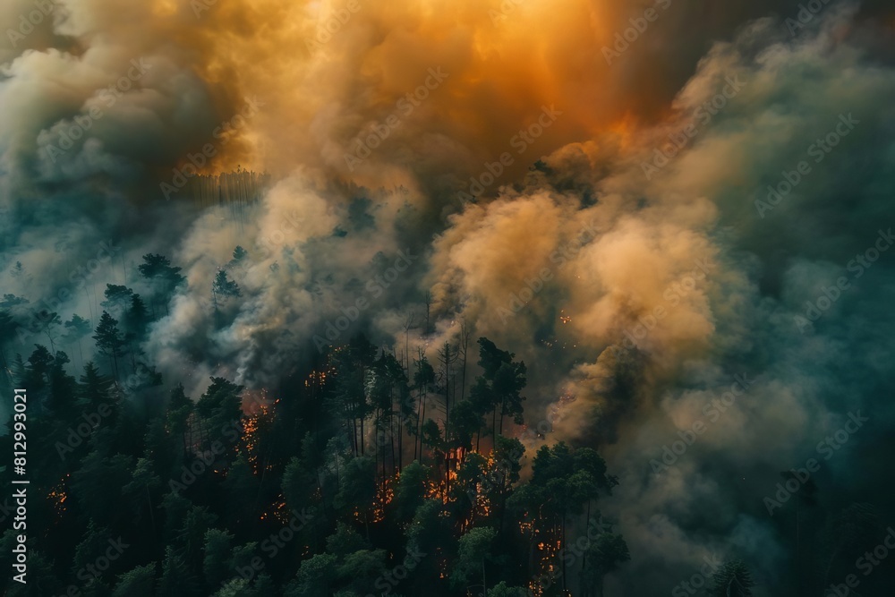 raging wildfire in dense forest billowing smoke clouds destructive natural disaster dramatic aerial photography