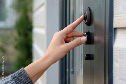 Closeup of a female's hand pressing a wireless, smart doorbell on a residential door