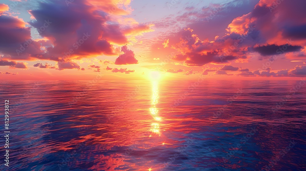 A vibrant sunset over a calm ocean, with the sky ablaze in shades of orange, pink, and purple, casting a warm glow on the water