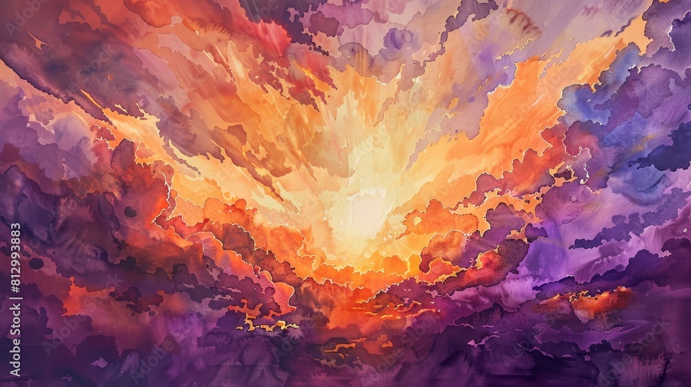 Dynamic watercolor sunset scene with streaks of light piercing through dramatic cloud formations, illuminating the sky in fiery oranges and purples