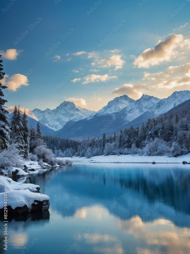 Winter Wonderland, Serene Landscape with Icy Blue Lake and Snow-Capped Peaks. Winter Wonderland, Serene Landscape with Icy Blue Lake and Snow-Capped Peaks.