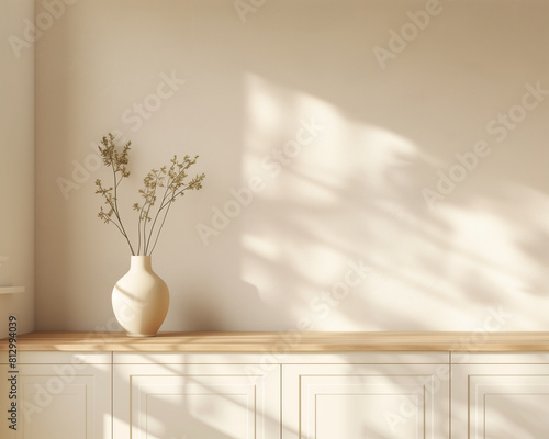 there is a vase with flowers on a wooden shelf in a room