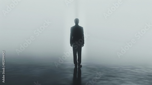 Invisible unemployed job seeker man standing on the wet floor. Create your own reality, DIY. Healthy lifestyle Job Office concept. Missing Lost, sacrifice, victim person. Political leader. Candidate.