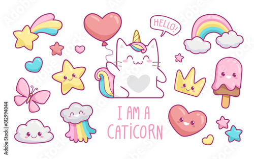 Kawaii Cat Unicorn with pattern elements in pastel colors vector set. Cute Kitten Unicorn with kawaii ice cream, cloud, rainbow, heart, happy star. Pattern elements for Happy Birthay party design