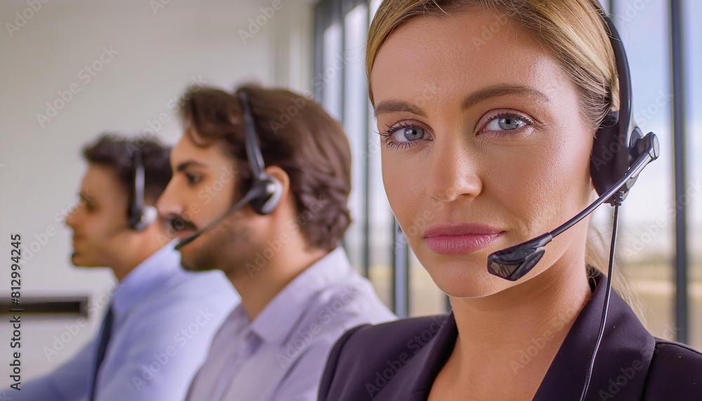 Call center worker accompanied by her team Call center worker accompanied by her team