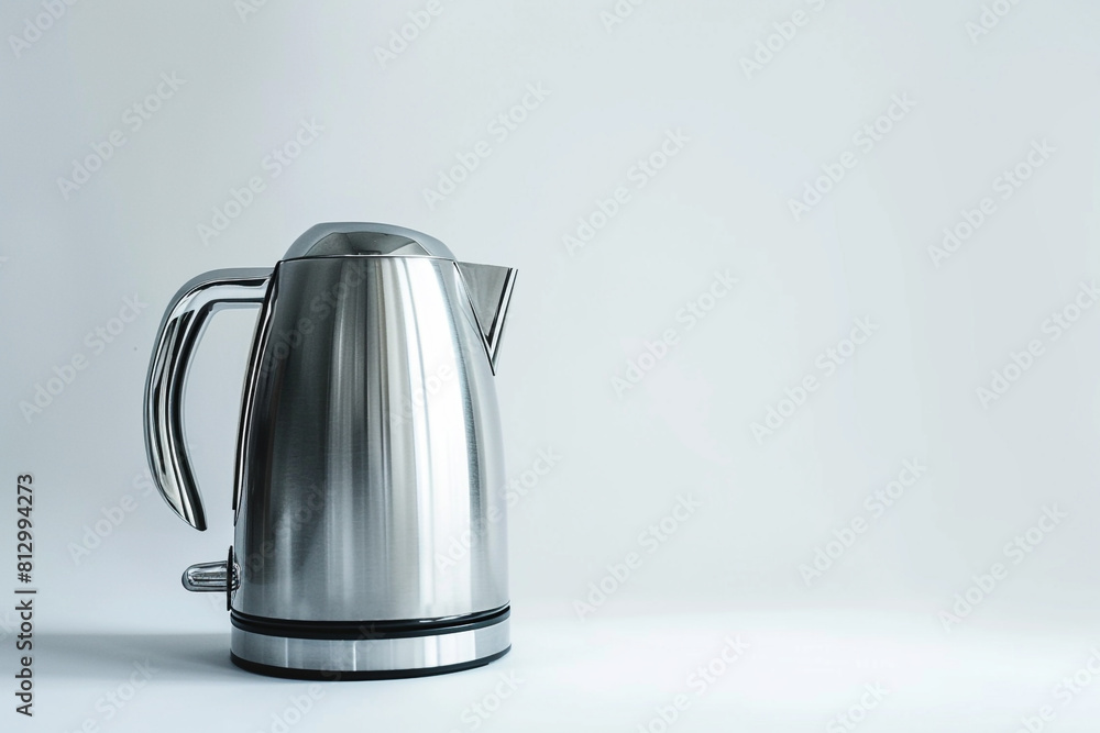 A stainless steel electric kettle with a cordless design and a 360-degree rotating base isolated on a solid white background. A stainless steel electric kettle with a cordless design and a 360-degree rotating base isolated on a solid white background.