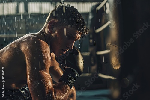 A gritty boxing gym scene, as a sweaty young man takes a break, reflecting on his intense training.