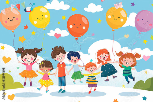 Happy childrens day   illustration. Cartoon happy kids with balloons.