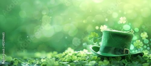 Green Leprechaun's hat on abstract St. Patrick's day background with three leaf shamrocks