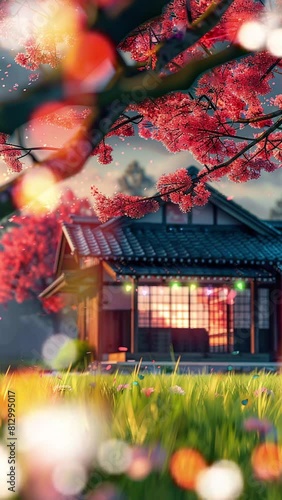 japanese tradisional house in the garden with cherry blossoms background. Cartoon or anime watercolor digital painting illustration style. seamless looping 4k video animation background. photo