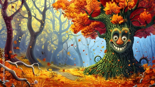 Whimsical Autumn Forest Creature with Colorful Foliage and Smiling Face photo