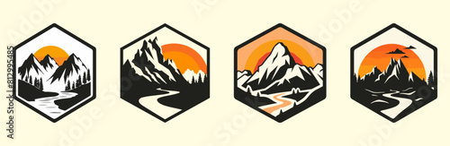 set of template editable vintage retro classic of sun sunrise sunset river tree island mountain hills peaks ice top. outdoor silhouette with hexagon shield isolated on white background logo sticker.