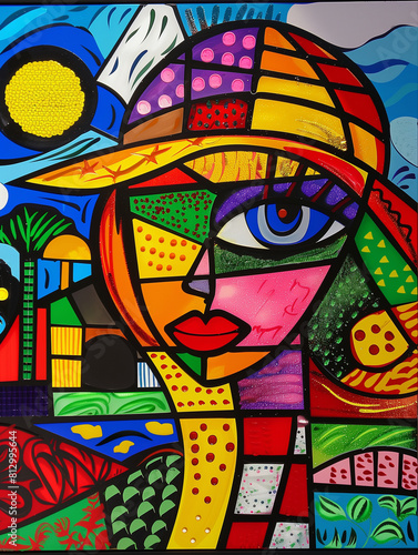 painting of a woman with a hat and a colorful face