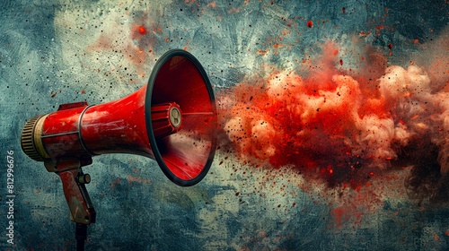 A red megaphone with a powerful sound explosion depicted as a burst of red particles. © weerasak
