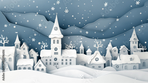 there is a paper cut of a snowy town with a church