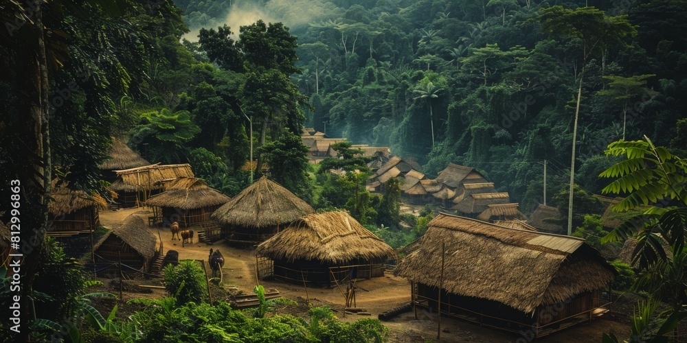 Rustic village nestled in a lush green jungle, exuding tranquility and the timeless beauty of a secluded natural retreat.
Rustic village nestled in a lush green jungle, exuding tranquility and the timeless beauty of a secluded natural retreat.