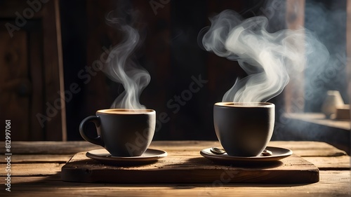 A rustic wooden table has a hot cup of delicious espresso  and steam is rising into the air.