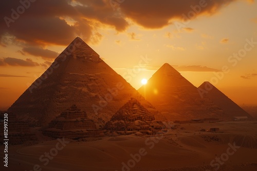 A breathtaking sunset over the ancient pyramids of Giza  Egypt  casting a warm golden glow on the historic monuments. The scene captures the timeless beauty and grandeur of these iconic architectura..