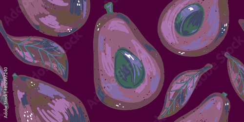 Textured avocados. Tropical exotic pattern. Cartoon style. Hand drawn elements. Vector seamless overlapping pattern.