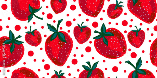 Texture of strawberries. Berry pattern. Cartoon style. Hand drawn elements. Vector seamless overlapping pattern.