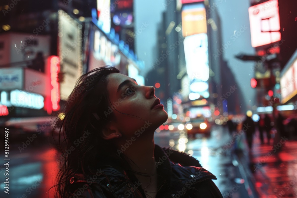 Young woman gazes upwards in awe in a neon-lit Times Square during a rainy evening, city lights reflecting on wet surfaces.
Young woman gazes upwards in awe in a neon-lit Times Square during a rainy evening, city lights reflecting on wet surfaces.