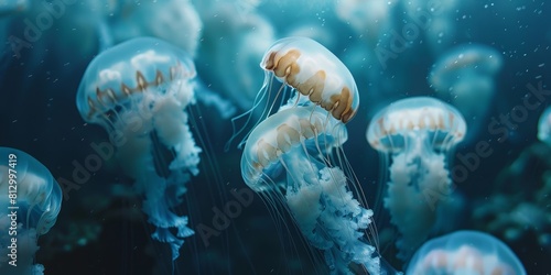 A stunning group of jellyfish illuminated by the deep blue ocean light. These marine creatures float gracefully, displaying their translucent bodies and intricate tentacles, 