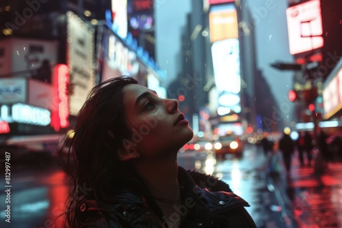 Young woman gazes upwards in awe in a neon-lit Times Square during a rainy evening, city lights reflecting on wet surfaces.