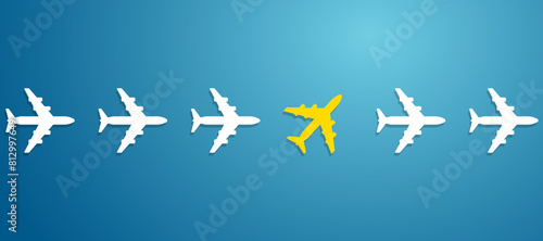 Plane changes direction, leadership. Individual and unique leader paper plane flies to the side. New idea, change, courage, innovation concept, new thinking with airplane, creative decision