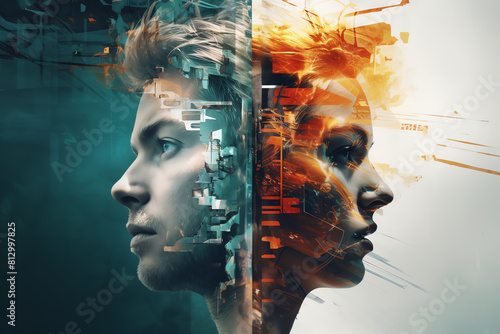 Double exposure of resentful man and woman top view showcasing conflicting emotions Cybernetic tone, Triadic Color Scheme