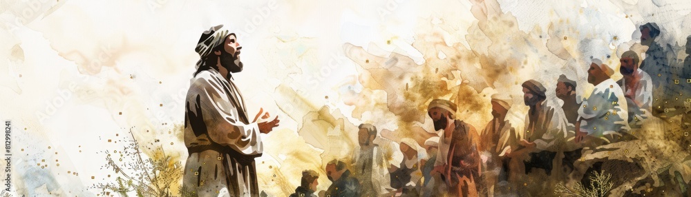 Watercolor scene of Jesus Christ during the Sermon on the Mount, side view, highlighting his oratory, digital binary as object, Tetradic color scheme Watercolor scene of Jesus Christ during the Sermon on the Mount, side view, highlighting his oratory, digital binary as object, Tetradic color scheme